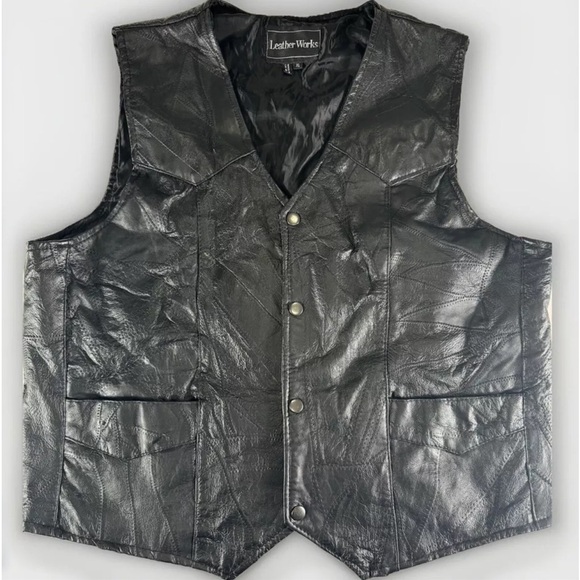 Leatherworks Mens Leather Vest Patchwork Black Size X-LARGE - Picture 1 of 10